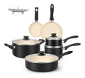 11 ustensiles pieces avec casseroles et poeles antiadhesives dans ceramique noir ainsi que creme