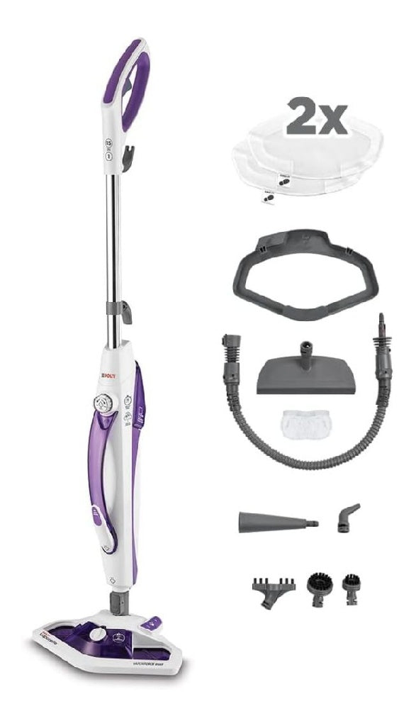 Vaporetto SV440 Polti Double Nettoyeur Vapeur 2en1 Balai ou Nettoyeur a Main 11 Accessoires Inclus Chauffage en 15 Secondes Reservoir Amovible Blanc ainsi que Violet