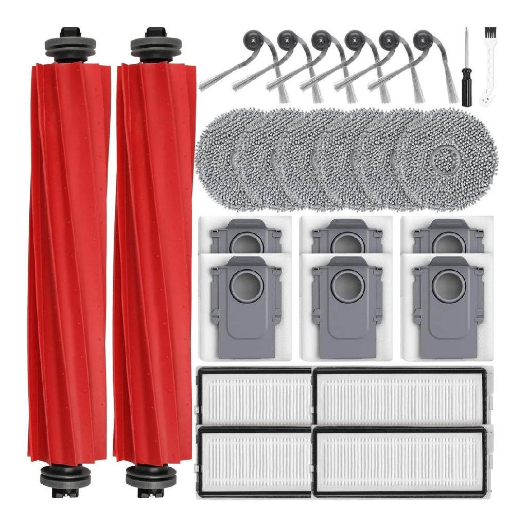 26 Lot du accessoires destine a robot aspirateur Roborock QV 35A/QV 35S/QR598/QR798 2 brosses principales 6 sacs a poussiere 6 tampons de nettoyage 4 filtres HEPA 6 brosses laterales 1 brosse de
