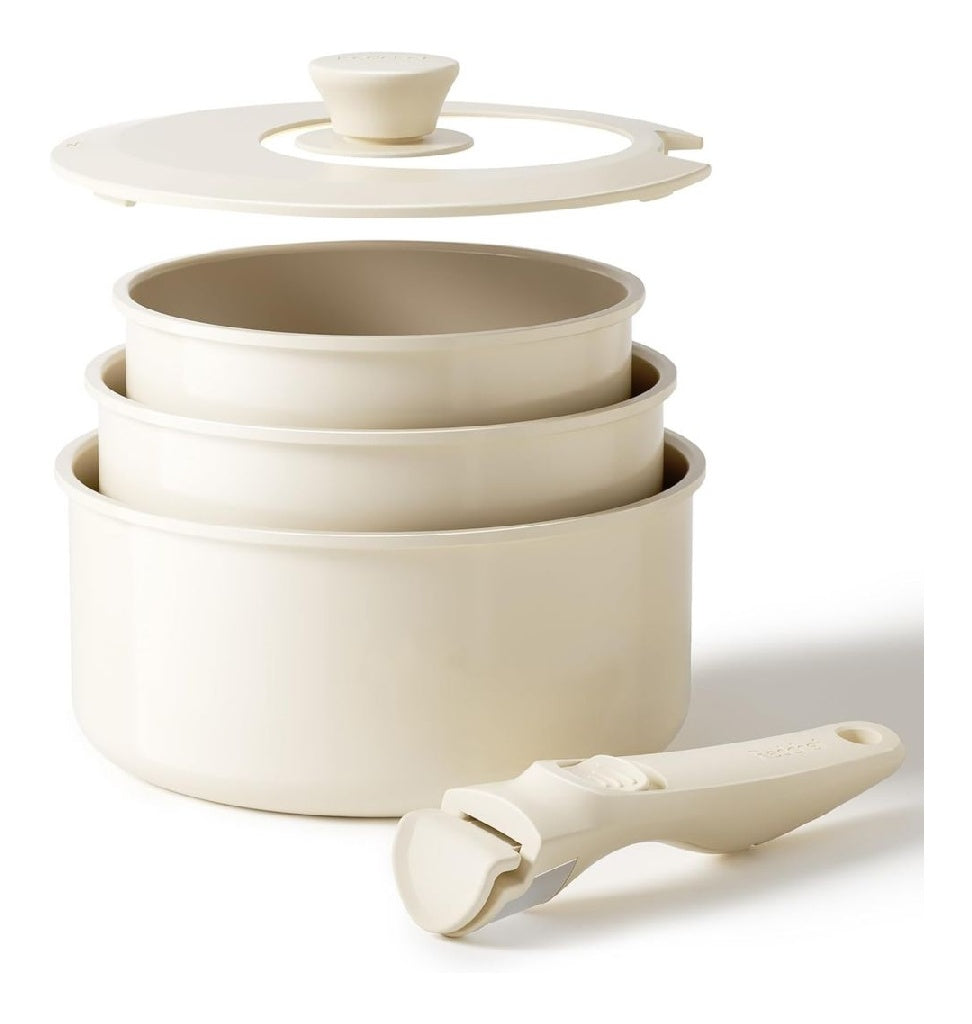 Set du Redchef Casseroles en Ceramique Lot 3 Poignees Amovibles Antiadhesives 16/18/20 cm Casserole Induction Couvercle 3 EN 1 Passe au four sans PFOA Tous feux dont induction Beige