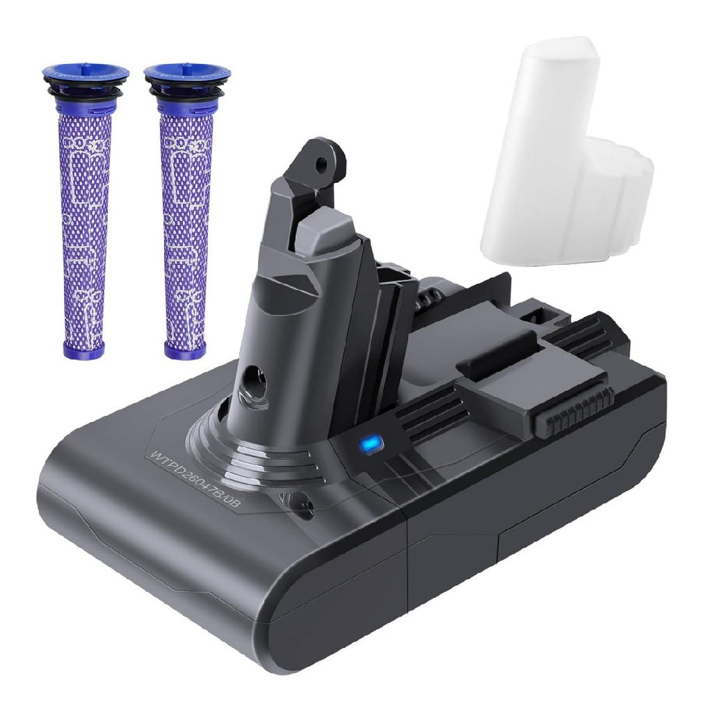 pour Batterie Waitley V6 6000mAh sans Vis 2 Filtres Lavables Pour V6 DC58/DC59/DC61/DC62/SV03/SV09 accumulateur Liion 6000mAh a fixation par boucle possedant 2 prefiltres