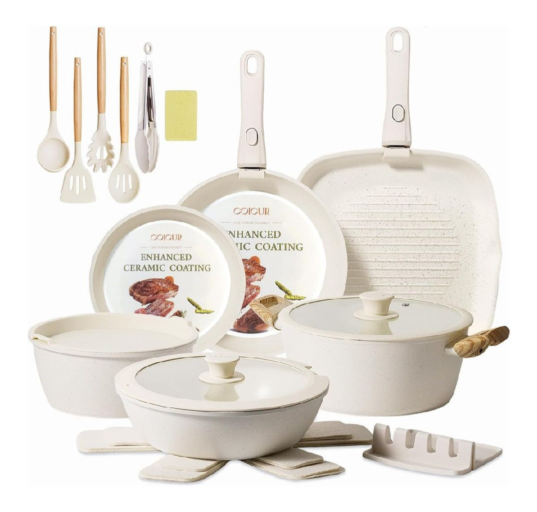 Set Poeles de et Casseroles 23 pieces Poignee amovible non toxique sans PFOA compatible avec induction/gaz empilable lavable au lavevaisselle Beige